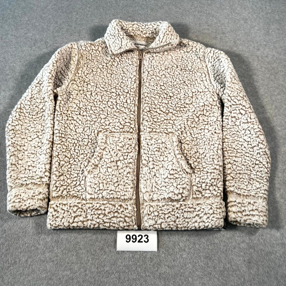 EXPRESS Jacket Women Small Beige Sherpa Fleece Faux Fur Collared Full Zip Winter
